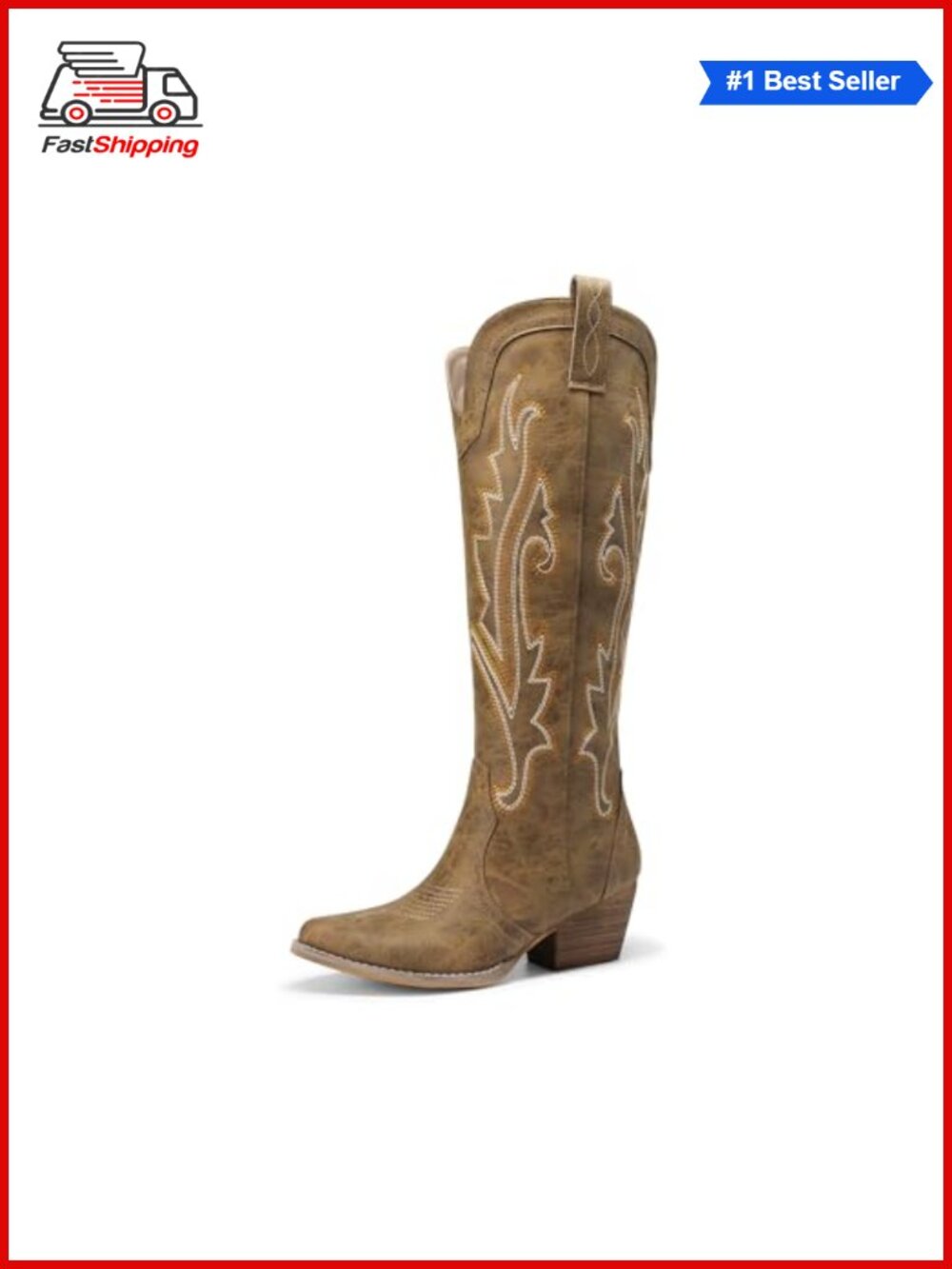 ✨ Embroidered Western Pull-On Knee-High Cowboy Boots Faux Leather